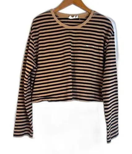 The Upside Tan & Black Striped Long Sleeve Crop 100% Cotton Shirt Size XL Brown