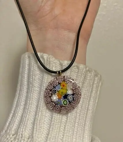 American Vintage Vintage “Dahlia” Millefiori Glass Charm Pendant Necklace Leather Strand Italian Classic