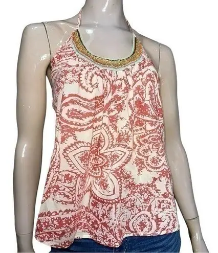 Fourtys Anthropologie S Red White Paisley Print Wooden Bead Neckline Halter Top