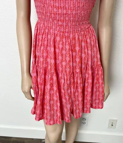 Free People [] Annie Pink Floral Print Square Neck Smocked Tiered Mini Dress XL