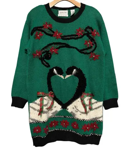 Ashley Hill Vintage Women’s Size M Green Christmas Swans Poinsettia Knit Sweater Size M