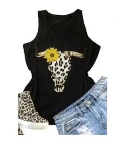 🆕Sunflower Leopard Steer Skull Tank S🆕 Black