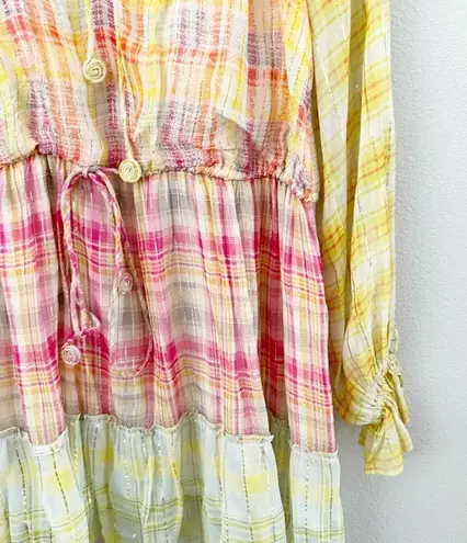 HEMANT AND NANDITA | Thick & Thin Striped Plaid Dress Yellow Pink Orange | Small
