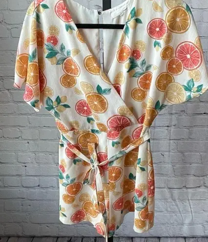 June & Hudson Short Wrap Printed Romper Citrus Print Size Small Orange