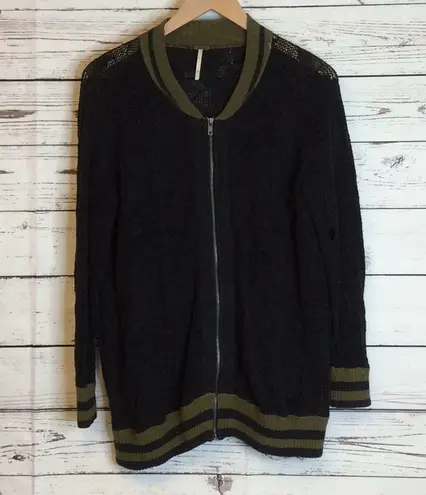 Free People  black lace varsity zip up bomber knit sweater‎  jacket size S