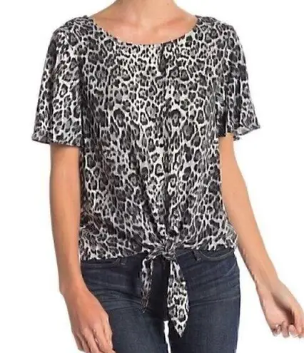 Socialite NEW NWT  Tie Blouse Leopard Cheetah Animal Black Gray Short Sleeve Top