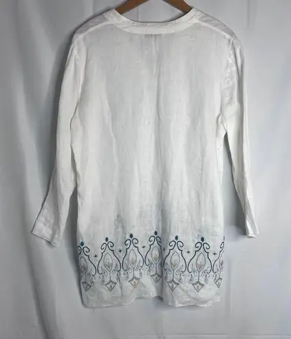 Dana Buchman  100% Linen White Embroidered Vneck Long Sleeve Blouse Size 12