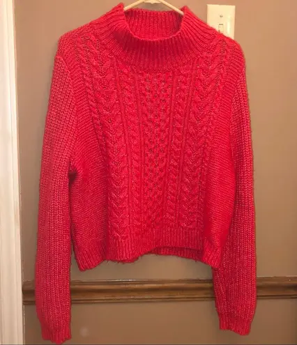 Loft  Mock Neck Wool Blend Cable Knit Turtle Neck Sweater Red Large