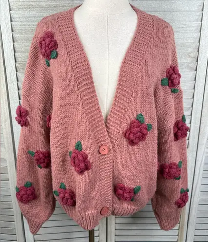 LUNA IVY Women's Cozy 3D Floral Knit Cardigan Sweater Pink with Rose Applique