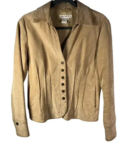A.M.I. Leather Jacket Tan Brown Suede Button Up Womens Medium Career