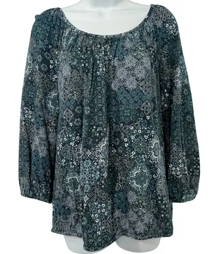 Michael Kors Blue Paisley Floral Scoop Neck Bracelet Sleeve Blouse Top size L Size L