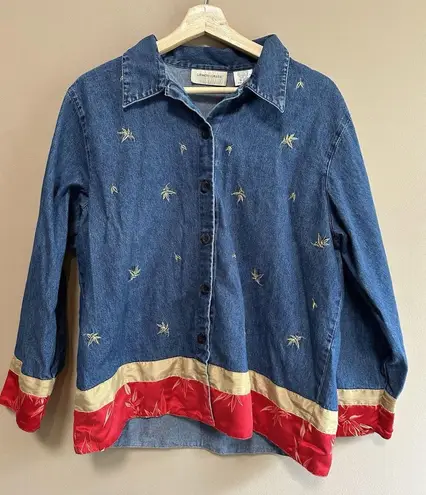 Vintage Lemon Grass 100% Cotton Denim Button Up Shirt Sz XL Embroidered 90s Y2K Blue