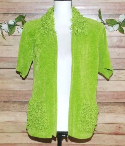 Lisa International Size M Funky Retro Lime Green Crop Sweater Zip Front Chenille Size M