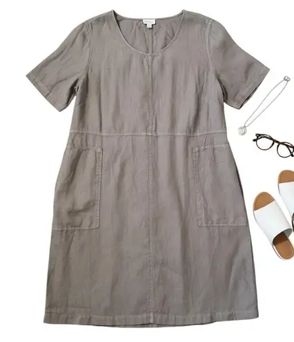 Pure Jill Garment Dyed 1005 Linen Short Sleeve Dress Pockets XL lagenlook Gray