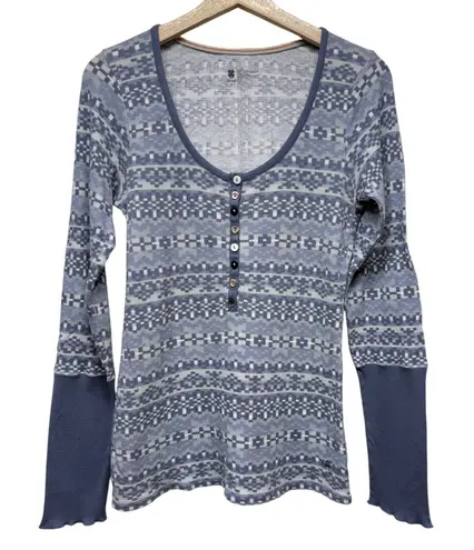 Lucky Brand Vtg Y2K  Women Waffle Knit Thermal Henley Top Boho S Blue Long Sleeve