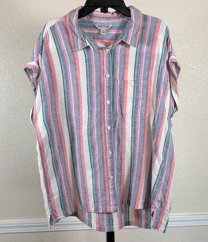 Orvis Multicolor Striped Linen Button Down Coastal Oversized Relaxed Fit Summer
