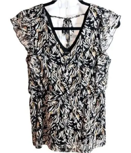 AUW Multicolor Black Brown White Abstract Print Ruffle Flutter V