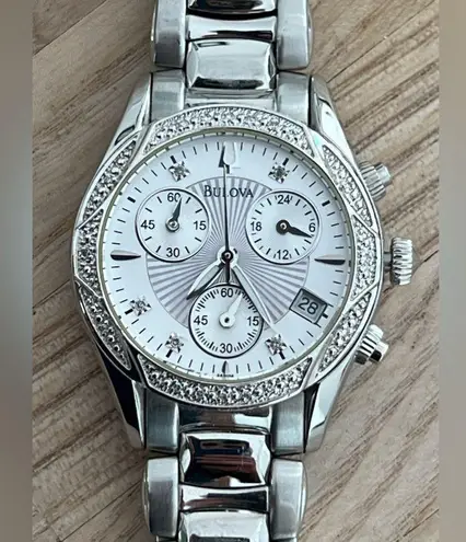 Bulova Ladies Watch Diamonds Chronograph White Dial Stainless Bracelet
