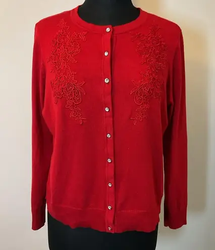 JM Collection 16. Red Petite Button-Front Appliqué Cardigan Size XLP