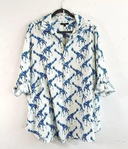 For Cynthia Tunic White w/ Blue Giraffes Linen Blend 3/4 Sleeves Sz 1X EUC