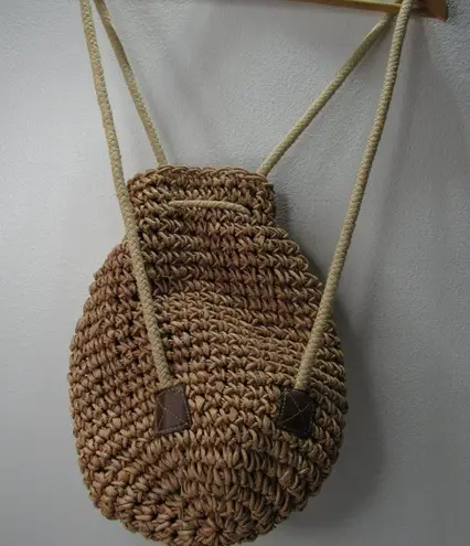 Bohemian Woven Cornhusk Backpack Bucket Bag Drawstring Beachy