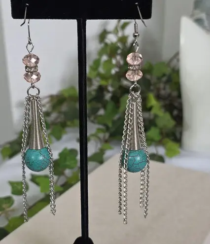 Boutique Silver Dangle Earrings With Turquoise Stone and Glass Beads