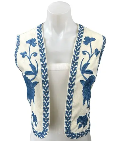 Women's White Blue Floral Embroidered Open Front Boho Crop Top Vest Coat Size L Size L