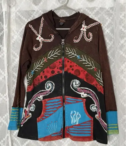 Rising International Hoodie Jacket Nepal Women Cotton Hippie Flower Patch Sz XL