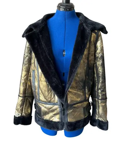 Avec Les Filles Metallic Foil Faux Shearling Biker Jacket In Black/Gold Women's Size XS $239