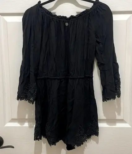 all about eve Black Long Bell Sleeve Wide Neck Crochet Detail Romper Size M