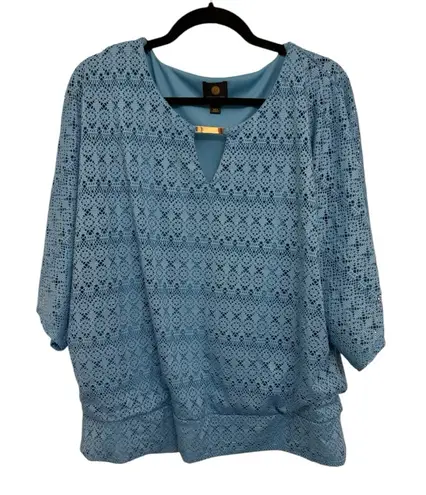JM Collection Blue Crochet Knit Textured Blouse | Relaxed Modern Casual Top Plus Size | 1X