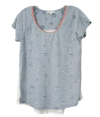 Hem & Thread Women's Distressed Color Block Short Sleeve Shirt Blue White Small