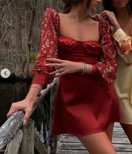 We Wore What x Danielle Bernstein Puff Sleeve Roses & Daisies Mini Dress Red