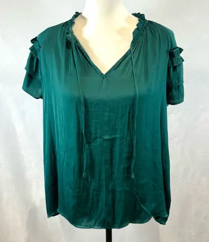 Calligraphie emerald green satin layer ruffle sleeve peasant top size large thumbnail 1