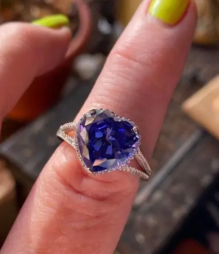 Tanzanite & CZ Sterling Silver Heart Ring Purple