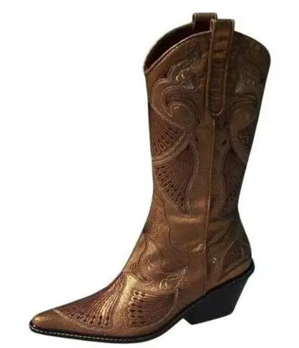 Donald Pliner Western Gold Metallic Leather Intricate Stitch Boot New $750 NWT Size 6