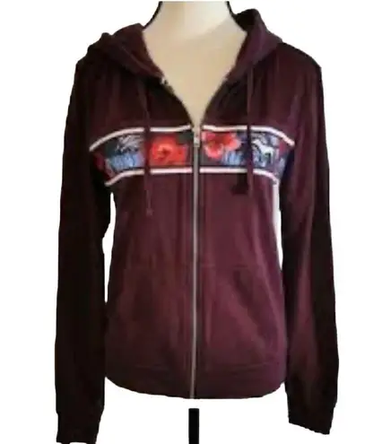 Vintage Y2k 1990's PINK Burgandy Floral Dog Long Sleeve Full Zip Hoodie Medium Purple