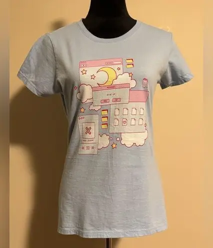 EUC Port & Company Blue, Pink and White Moon Vaporwave Aesthetic tee size small Blue
