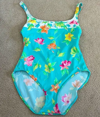 Adrienne Vittadini Aqua/Pink/Yellow Floral One Piece Bathing Suit sz 14