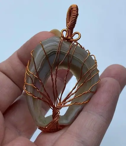 White Agate Druzy Tree Of Life Copper Wired Pendant