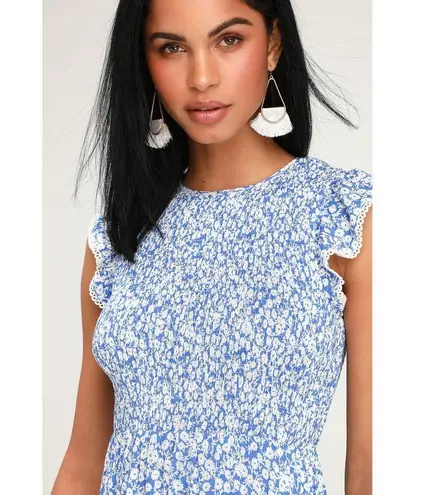 Lost + Wander Blue Floral Print Smocked Ruffle Short Sleeve Midi Dress Size XS