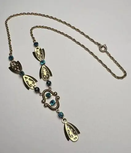 Retro Gold Tone Blue Rhinestone Y Drop Necklace