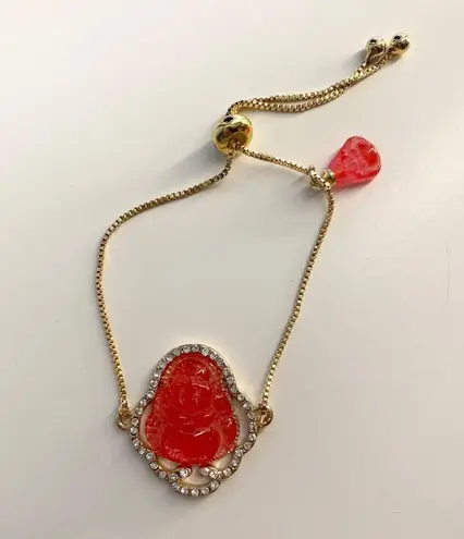 Plated Gold Fuchsia Laughing Buddha Adjustable Bracelet