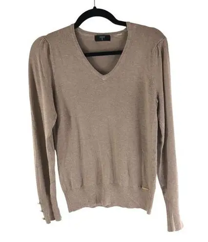 Tahari Womens Sweater V Neck Gathered Waist Button Detail Brown M