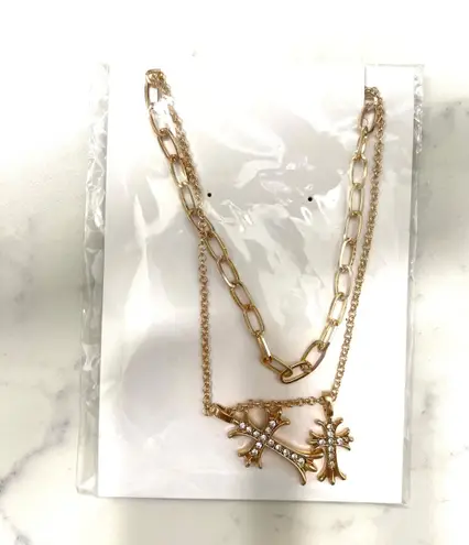 Gold Double Cross Diamond Necklace