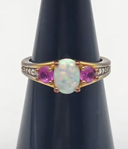 Kiran Jewelers Gold Tone White Fire Opal, Pink Topaz, & Diamond Ring (7)