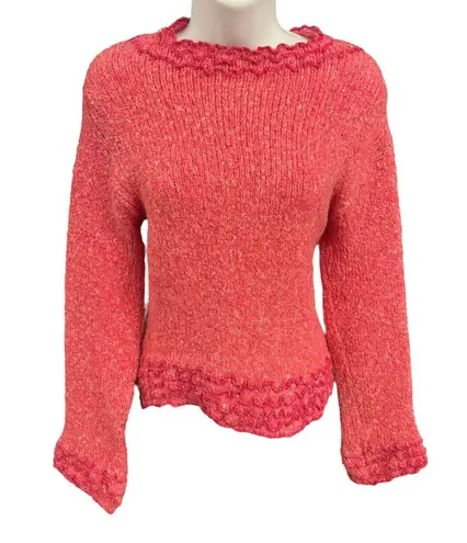 John fee Magic Women's Coral Textured Knit Sweater Boat Neck Ruffled Trim Large Pink
