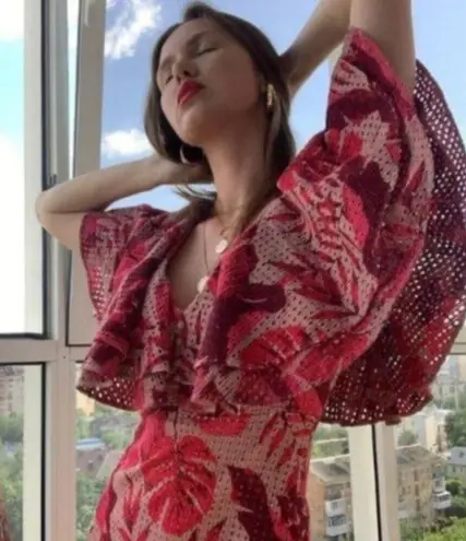 NWT Johanne Ortiz X H&M Maxi Dress XS Floral Eyelet Embroidered Ruffle Pink