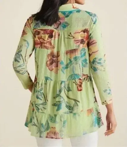 Soft Surroundings Elana Green Tropical Floral Button Tunic Top Size PL