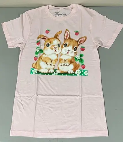 Pastel Pink Bunnies Baby Rabbits Strawberry Flowers Graphic Short Sleeve Tee T